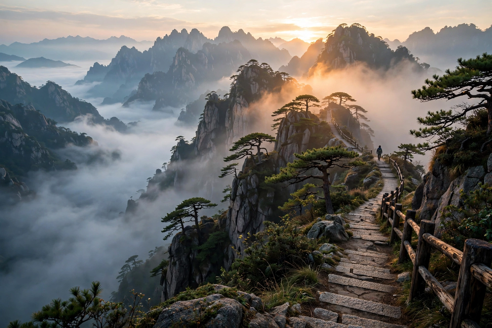 清晨登山，云海翻涌